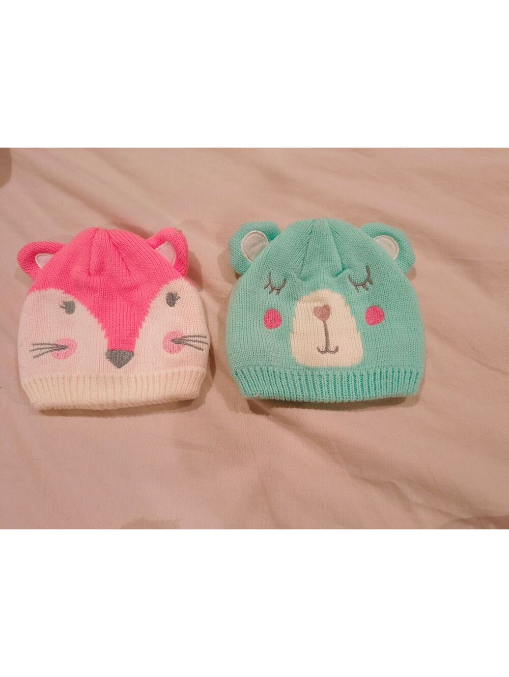 Set of 2 Cute Baby Knit Animal Hats - Pink Fox & Mint Bear
